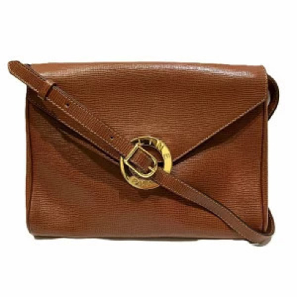 Celine brown leather shoulder bag envelope flap circular logo closure